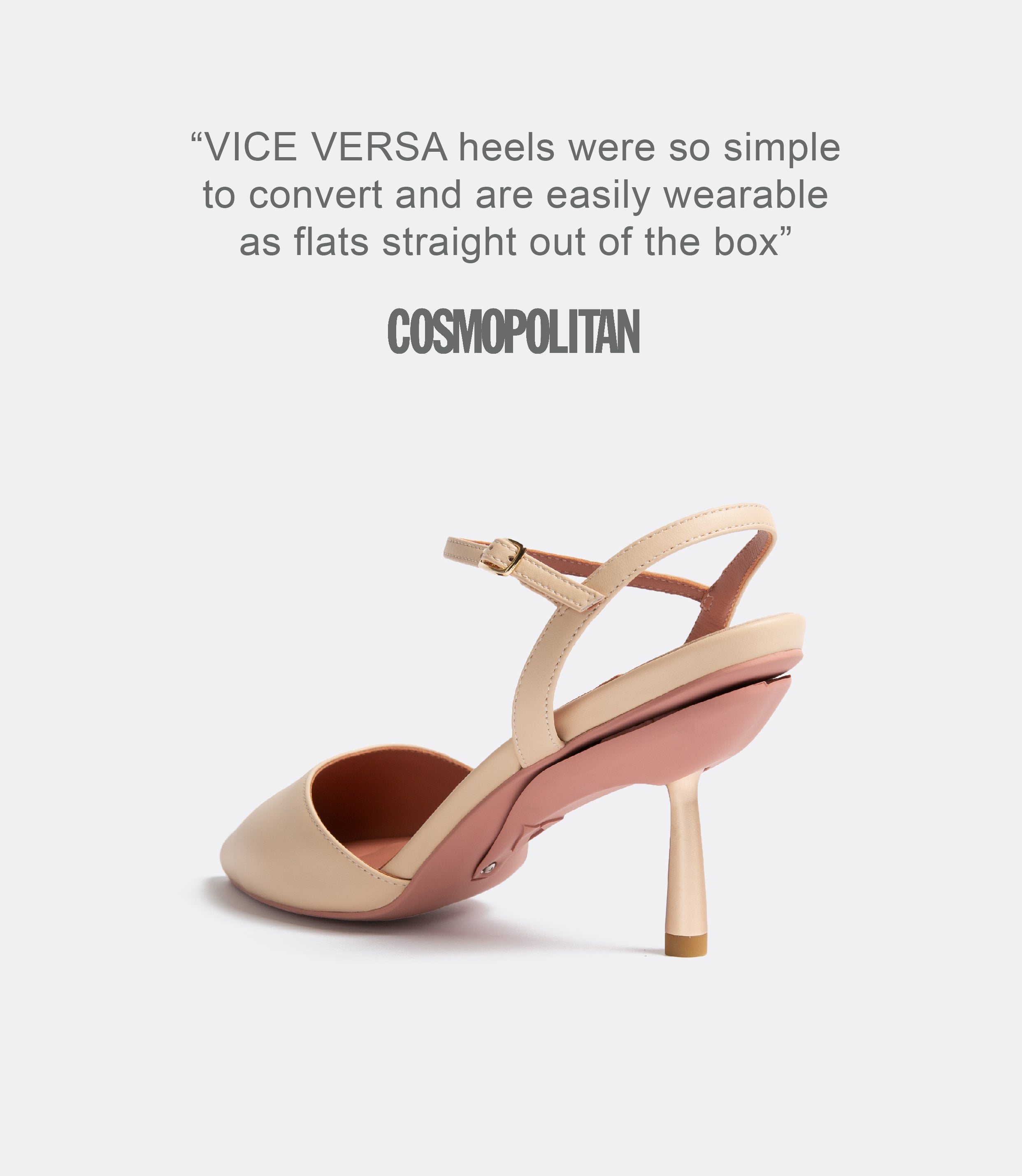 A quote from Cosmopolitan and a back view of a beige leather heel.