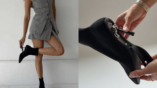 Person holding a black shoe and close-up of hands adjusting a black boot.