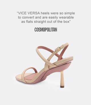 A quote from Cosmopolitan and a back view of a beige leather heel.