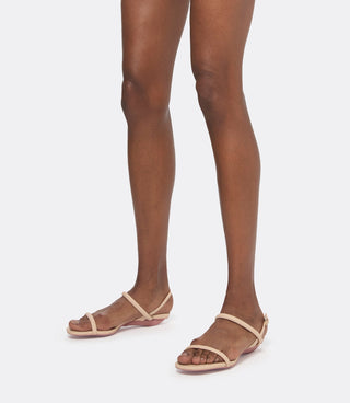 Model wearing beige leather sandals as a flats.