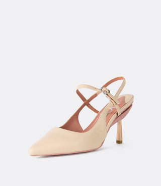 Front view of beige slingback heels.
