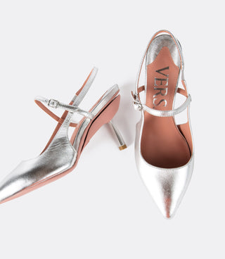 Top view of the silver buckle slingbacks as heels