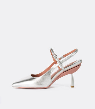 Side view of the silver buckle slingbacks as heels