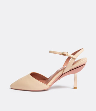 Side view of the beige leather heel.