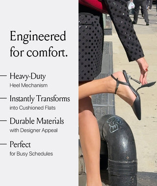 Woman folding black heel shoe with visible folding mechanism on city sidewalk