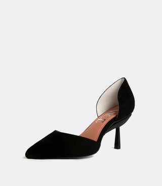 Front view of the black suede heel.