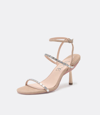 Front view of the beige suede heel.