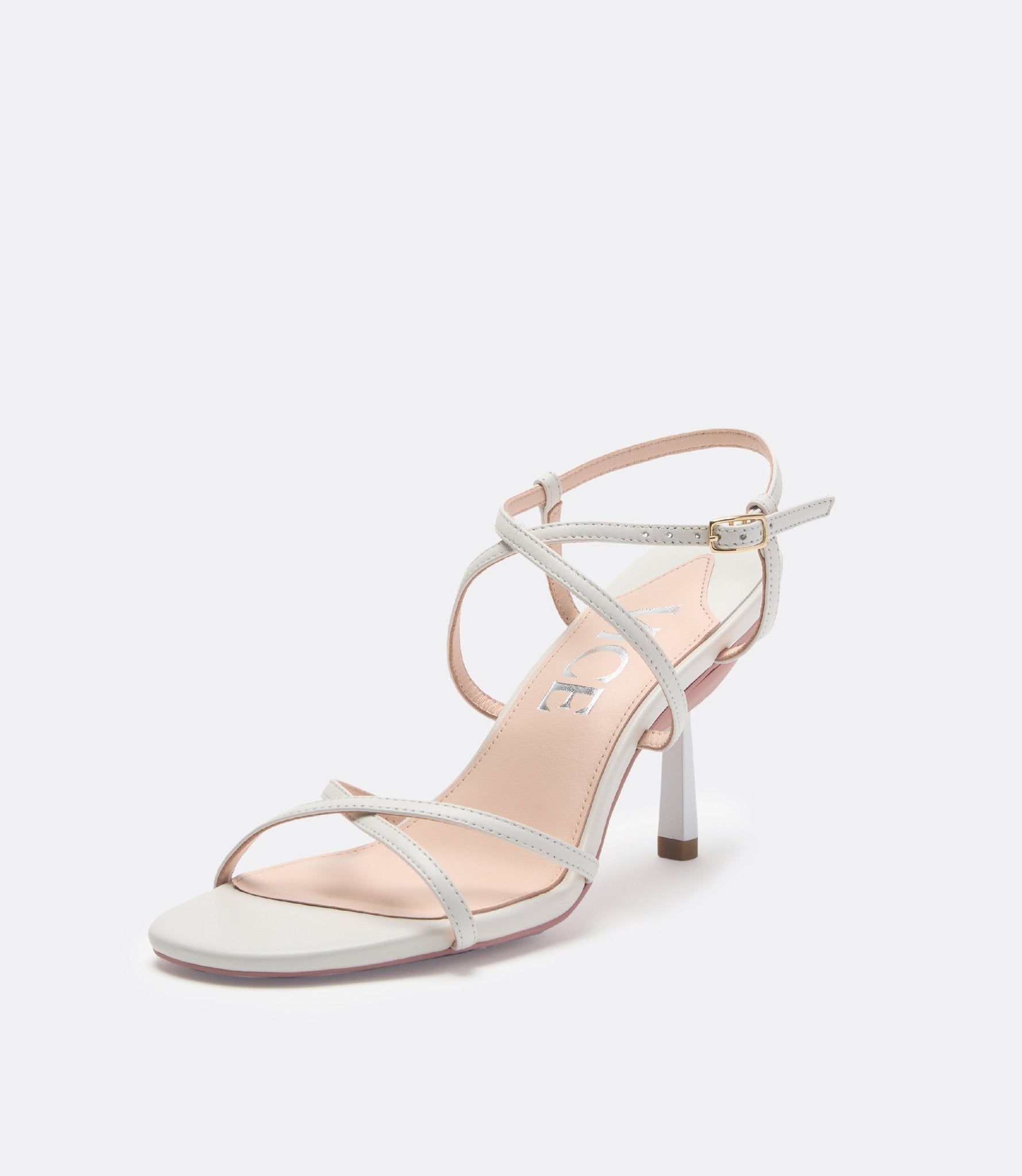 Front view of the white leather heel.