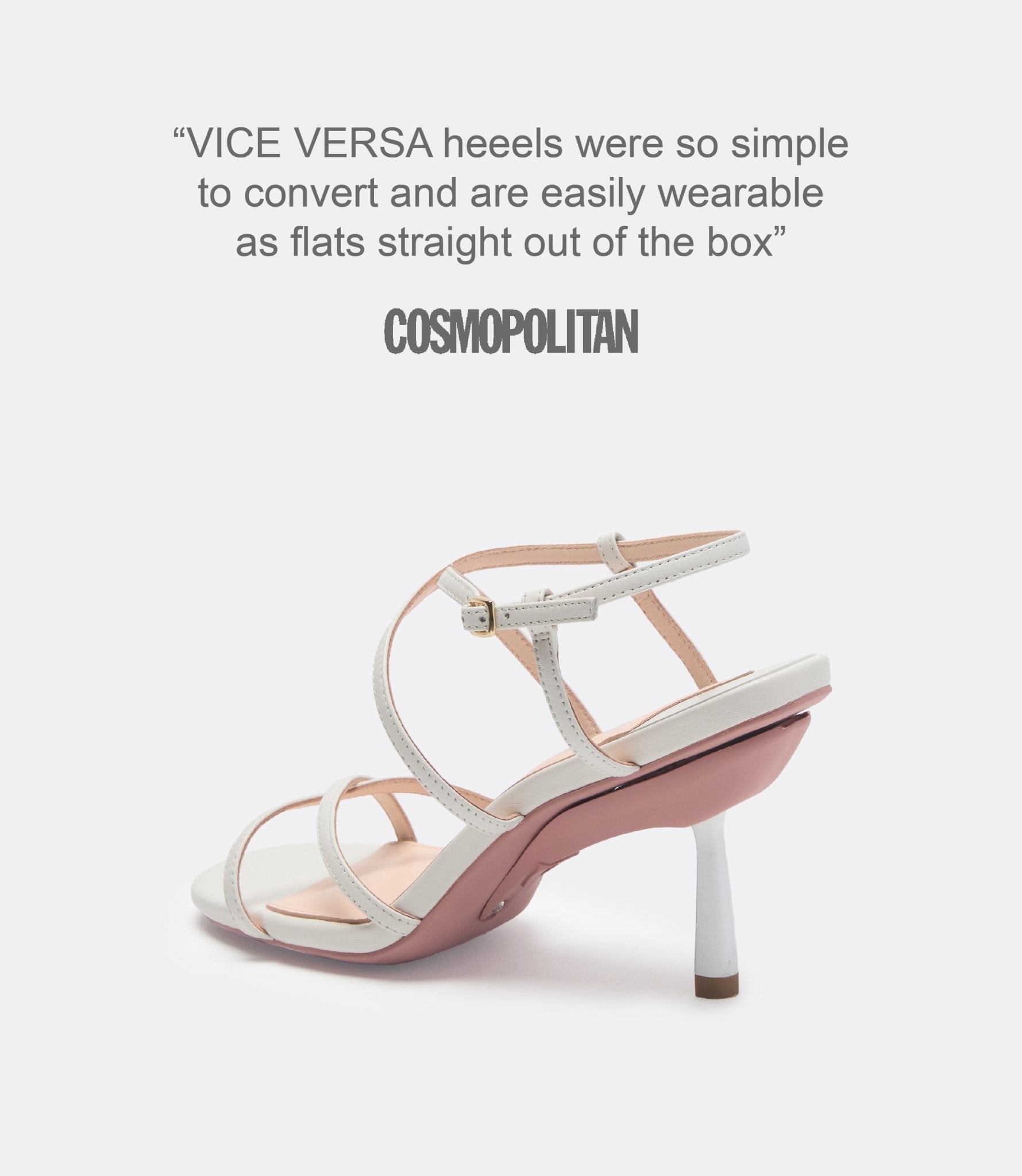 A quote from Cosmopolitan and a back view of a white leather heel.