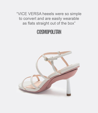 A quote from Cosmopolitan and a back view of a white leather heel.