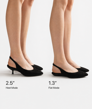Black high-heeled shoes and flat shoes on feet with heel and flat mode labels.