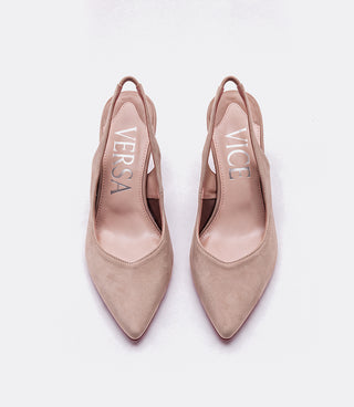 A pair of pointed-toe slingback pumps in a light nude pink suede-like material, shown from a top-down view on a white background. The insoles display the brand names 'VERSA' and 'VICE'.