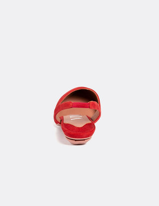 back view of a red suede flat shoe