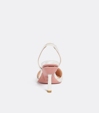 White silk shoe heel view