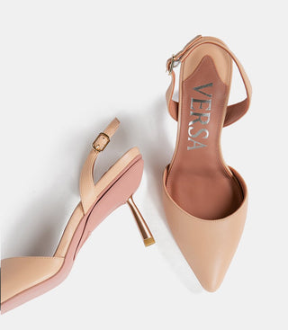 Top and side view of beige heels