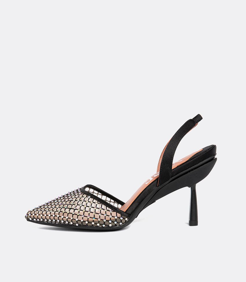 Side view of crystal mesh heels