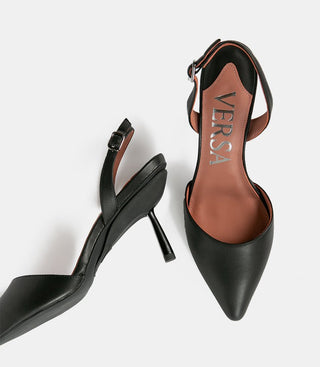 top and side view of black heels