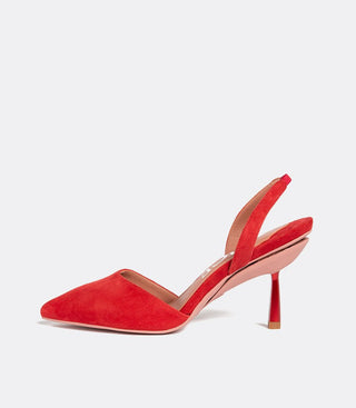 side view of red suede shoes