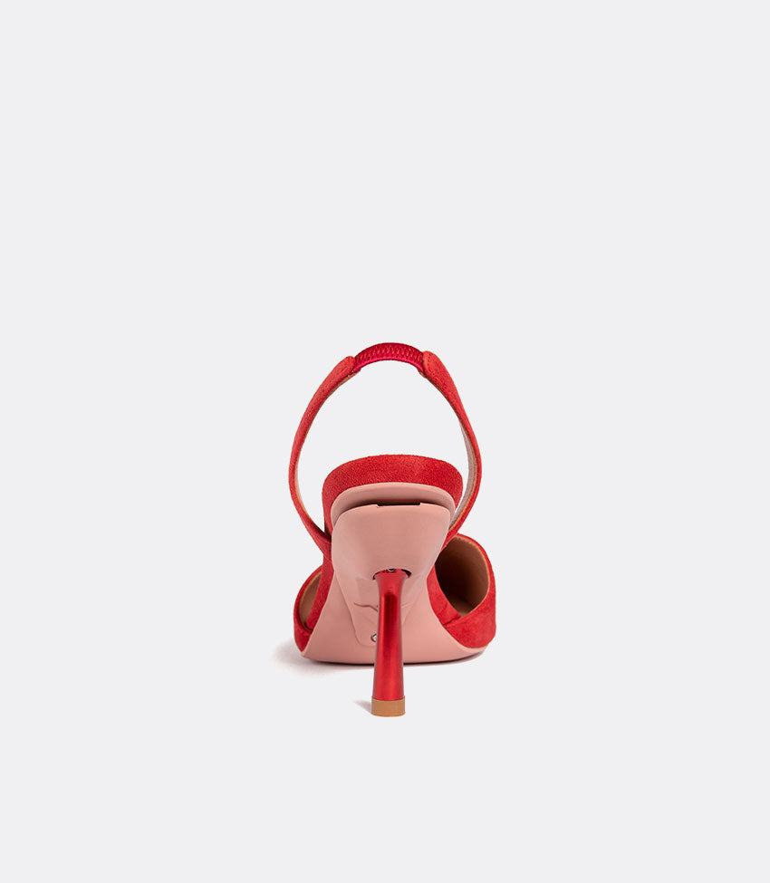 heel view of red suede shoes